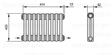 Схема (чертеж) Радиатор Zehnder Charleston 2040/9 №2670 Белый глянцевый RAL 9016